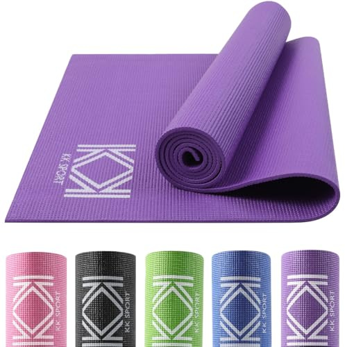 KK Yoga Mat 6mm Thick PVC Fitness Non Slip Yoga Mat - 180 x 60 cm Exercise Mat - Gym Mats Perfect for Pilates, Stretching, Gymnastics & Camping Compact Lightweight With Carry Bag (PURPLE)