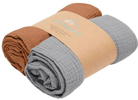 Kindsgard Musselin Babydecke 2er-Pack, 75 x 100 cm, 3-lagig, 100% Baumwolle, atmungsaktiv, weich, als Puck- und Spucktuch, Wickelunterlage und Kinderwagenabdeckung, Oeko-TEX, Farbset Grau/Zimt