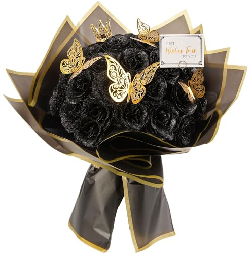 Schwarzer Glitzer-Rosenstrauß, 30 Stück, DIY gefälschte Blumen, ewiger glänzender künstlicher Rosenstrauß für Valentinstag, Jahrestag, Verlobung, Hochzeit