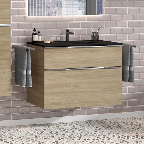 Zentrobad Griff Premium Waschbecken schwarz mit Unterschrank 100 cm Waschtisch Badmöbel Badezimmer Schrank Badschrank mit Zwei Schubladen (Eiche Natur)