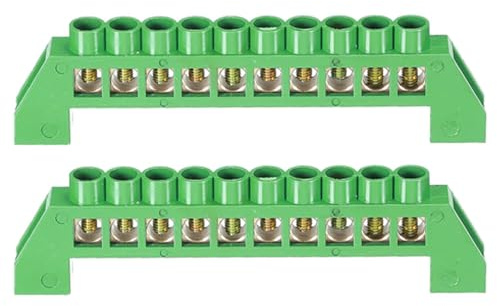2Pcs Barra di Terra Terminale 10 Posizioni in Ottone con Viti a Testa Terminale Blocco di Distribuzione di Terra a Striscia con Guscio Verde per Distribuzione Elettrica