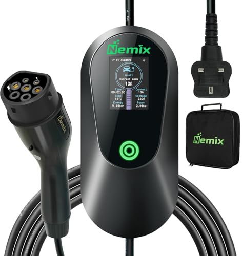 Nemix 3.0KW Home EV Charger, 7 Metres Cable with Type 2 to 3 Pin Plug, Portable Electric Car Charger for EVs and PHEVs