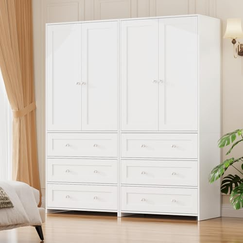VOWNER Armoire Wardrobe Closet with Drawers and Mirror, 71 Clothing Storage Cabinet with Hanging Rod, 2 Doors Wooden Wardrobe Cabinet for Bedroom, Large Capacity Storage