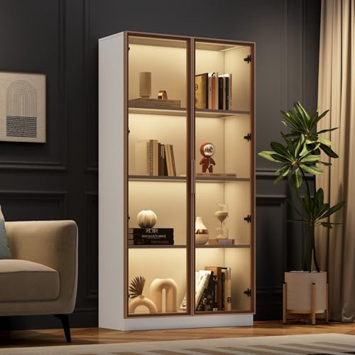 Doppeltürige Vitrine mit Glastür und Beleuchtung 160x40x80 cm. Glasvitrine Stehend mit 4-stufigen Einlegeböden. Moderne Sammlervitrine. Vitrinenschrank für Wohnzimmer, Schlafzimmer, Büros. Weiß