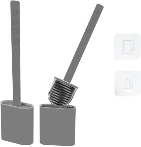 Silicone Toilet Brush with Holder Set Pack of 2 - Flat Flexible Head Under-Rim Clean Where Others Miss, Non-Stick Easy Rinse, Drip-Free Holder, Wall Mounted Toilet Brush White or Loo Brush