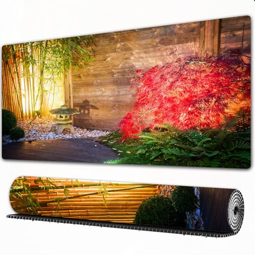 FEHWI Gaming Mouse Pad Extra Large Keyboard Mouse Mat Desk Pad Soft Smooth Surface and Anti-Slip Rubber,Garden Japanese Stone Lantern and Red Maple Tree in an Autumnal Garden Bamboo Trees,12x31.5 in