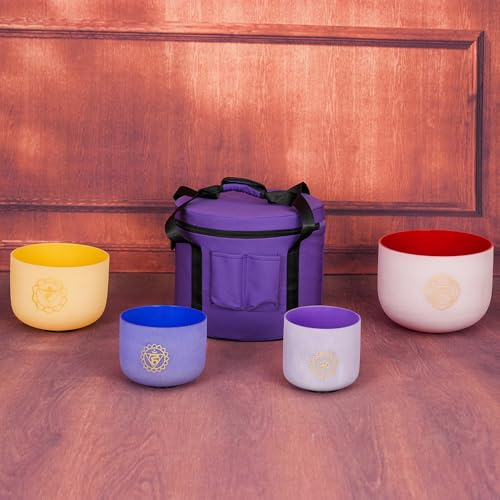 Cuenco de cristal de cuarzo esmerilado de 432 Hz con diseño de chakra de 15.2 cm B+20.3 cm G + 25.4 cm E + 30.5 cm C + funda para meditación, yoga y relajación