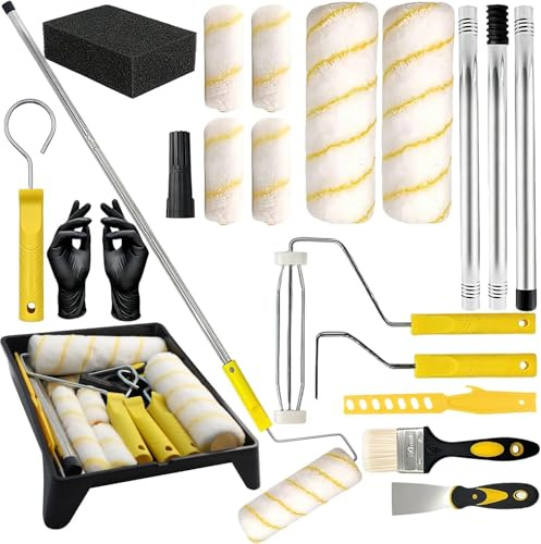 AstraLoom 19-tlg. Farbroller Set – 9 Zoll & 4 Zoll Farbrolle, Mikrofaser-Farbrollerhüllen, Farbrollenwanne & Farbwannen Set, Teleskopstange, Schaber, Handschuhe – für Wände & Decken