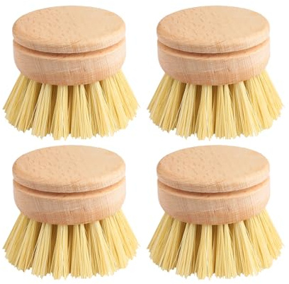 Bojueshaw 4pcs Dish Brush Replacement Heads,Reusable Natural Wooden Washing Up Brush for Plates,Stove Tops,Bathtubs