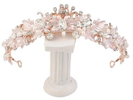 Gold Color Rhinestone Pearl Flower Bridal Crowns Tiaras Headband Crystal Diadem Crown Wedding Hair Accessories(Rose Gold)