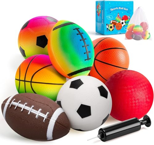 Tomatoys set med 5 sportbollar för barn (1–5 år) med väska: fotboll, basket, baseball, volleyboll och mer. Utomhusleksak med handpump