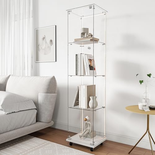 Glasvitrine Standvitrine mit LED Schloss und Türen Verkaufsvitrine mit Rollen Standglas Vitrine mit Schloss für Bücher, Sammlerstücke, Wein (Weiß, 163x39.5x35cm)