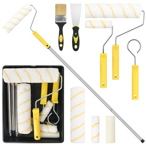 Paint Roller Set,14 Pieces 9 + 4 Paint Rollers and Trays Set with 1.5m Extension Pole, Paint Brush, Frames and Paint Tray for Painting Walls, Ceiling, Wall Paint Roller Home Painting Kit