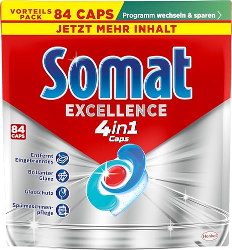 Somat Excellence 4in1 Caps (84 Caps), schnellauflösende Spülmaschinen Caps für brillanten Glanz auch im Niedrigtemperatur-, Kurz- & Eco-Programm, Somat Caps entfernen kraftvoll Eingebranntes