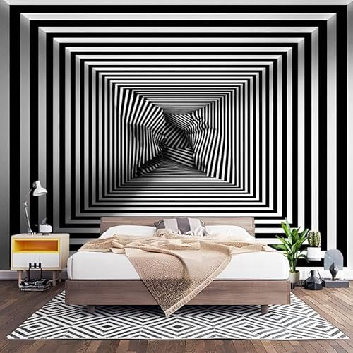 Vlies Fototapete Kinderzimmer 250x175 cm 3d-Optische TäUschungskunst Vliestapete XXL Wandtapete 3d Effekt Wand Dekoration Schwarze Und WeißE Streifen Mustertapete für Wohnzimmer Schlafzimmer Küche