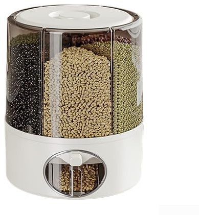 Dispensador de granos giratorio de 6 rejillas para cereales de arroz y alimentos secos con sistema de salida de una prensa, diseño de ahorro de espacio (gris-mediano)