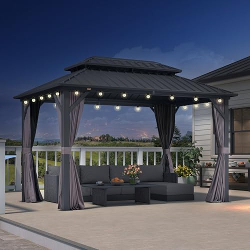 PURPLE LEAF Tonnelle de Jardin Extérieur Aluminium 3,65 x 2,4 m avec Guirlande Lumineuse, Pergola Jardin Extérieur à Double Toit en Acier Galvanisé, Pavillon avec Rideaux pour Terrasse, Barbecue, Gris