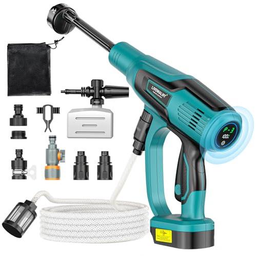LIVOWALNY Batteridriven högtryckstvätt 18 V kompatibel med Makita (utan batteri), 82 bar mobil tryckrengörare, borstlös, 6 l/min, 3 nivåer, 6-i-1 munstycke, bärbar för bil, trädgård, terrass