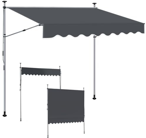 ISOISL Toldo de sujeción de 300 cm de ancho, toldo para balcón, sin agujeros, altura regulable 214 – 305 cm, protección solar extensible hasta 150 cm, de poliéster de 180 g/m², UV50+, antracita