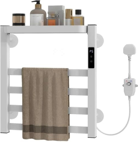 eklipt Electric Towel Warmer, Heated Towel Rail Removable Shelf Bathroom | Aluminum Towel Radiator Drying Rack, Wall Mounted 4 Heated Elements 6-Temp Control 45-70°C, 9-Hour Timer LED Display, 47x40cm