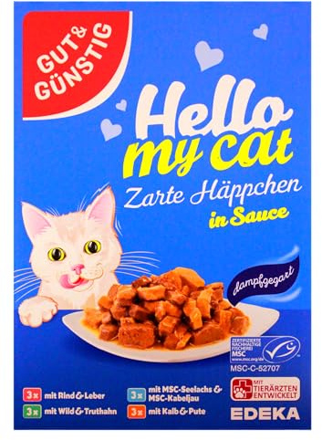 Gut & Günstig Hello My cat Zarte Häppchen in Sauce Katzenfutter, 8er Pack (8 x 1.2 kg)