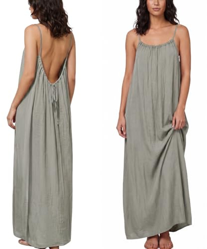 Aomig Backless Cami Dress for Women Long Maxi Casual Sundress Ladies Open Back Lounge Dresses with Back Tie Spaghetti Strap Backless Cami Dress Summer Dress Solid Color Beach Vacation House Clothes