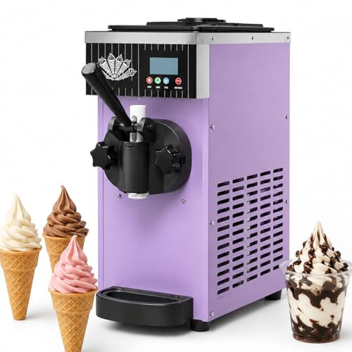 pealiritansemen Máquina de Helado 450W,Máquina de Helado Soft Monosabor con Tolva 2,5L,Panel de Control LCD,Preenfriamiento y Limpieza de Un Botón para Cafetería,Snack Bar,Restaurante Purple