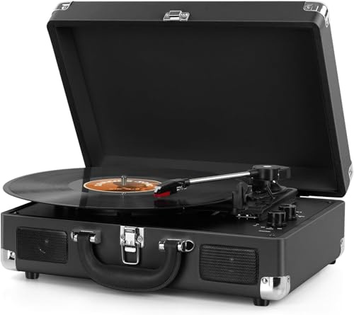 DIGITNOW! Bluetooth Vinyl Record Player with Built-in Stereo Speakers | Three Speeds Portable Vintage Turntable, Suitcase Retro Record Player, RCA Output, Headphone Jack, MP3