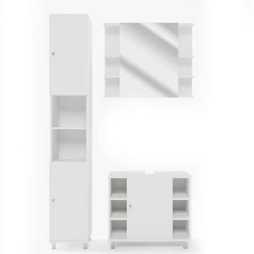 Vicco Badmöbel-Set Fynn, Weiß, 60 cm | besteht aus Waschbeckenunterschrank, Spiegelschrank und Hochschrank