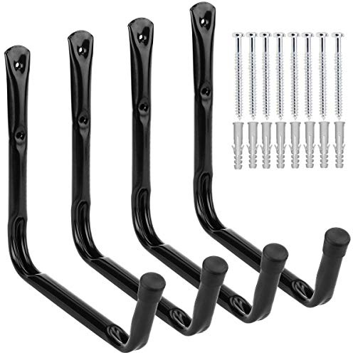 Yisunnan Heavy Duty Giant Garage Storage Hook Wall Mounted Utility Hanging Rack for Surfboard,Ladder,Kayak (4 Pcs Black 10 J Hook)