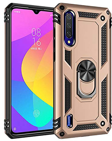 BestST Funda para Xiaomi Mi CC9E / A3,+ HD Protector Pantalla,con Anillo Soporte, Antigolpes Rígida Robusta Carcasa Resistente al Impacto Militar Duradera Blindada Fuerte de Seguridad,Oro