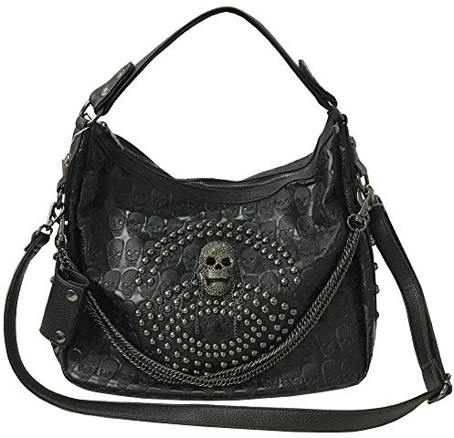 FiveloveTwo Damenhandtaschen Schädelkette Umhängetaschen Grosse Kapazität Gotische Henkeltaschen Niet Schultertaschen Shopper