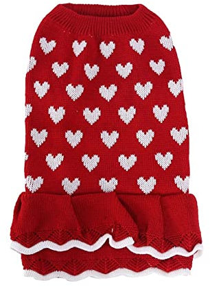HUANSUN Haustier Hund Lange Pullover Kleid Herzmuster Hundebekleidung Strick Rollkragenpullover Warmer Winter Welpen Chihuahua Pullover Kleider,rot,L