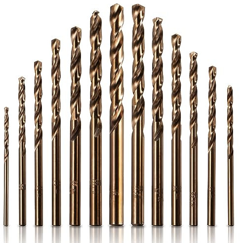 5% Cobalt Drill Bit Set, M35 High Speed Steel Twist Drill Bits 135 Degree Split Point for Stainless Steel, Cast Iron, Hard Metal, Plastic and Wood(13Pcs)