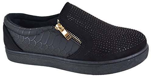 Womens Flat Slip ON Studded Zip Fashion Sport Shoes Ladies Trainers Size 3-8 Black