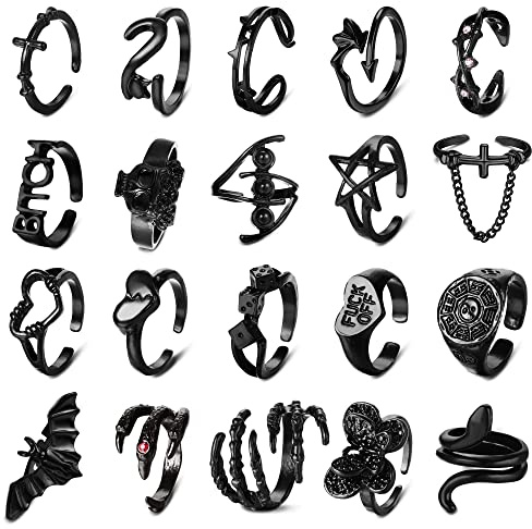 YADOCA 20 Pcs Vintage Punk Bague pour Hommes Femmes Y2K Ouvert Noir Anneaux Ensemble Serpent Chauve-Souris Diable Araignée Griffe Skul Réglable Knuckle Stacking Anneau Gothique Bijoux B