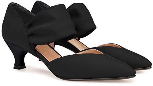 Coutgo Womens Low Kitten Heel Dress Shoes Pointed Toe Slip on Ankle Strap Cutout Elegant Party Wedding Pumps, Mesh Black, Size 43