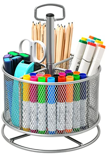 Marbrasse Mesh Schreibtisch Organizer,360Grad Drehbarer Multifunktionaler Stifthalter,4 Fächer,Stiftehalter,Aufbewahrungsbox für Zuhause Büro Stifthalter(Silber)