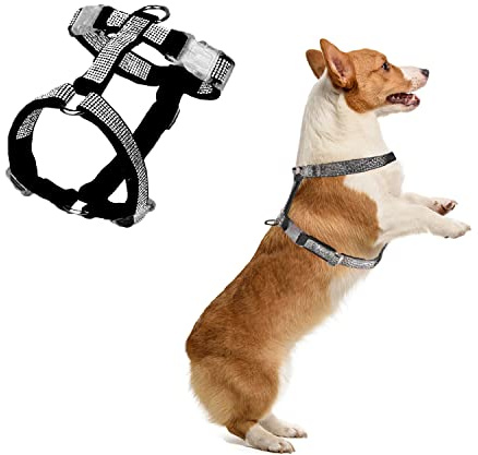 MeiAOBest Hundegeschirr mit reflektierendem Strass, kein Ziehen, verstellbar, mit D-Ring, Haustiergeschirr für kleine, mittelgroße Hunde, Größe XS, Schwarz