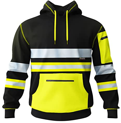 shelikes Mens Hi Vis Viz Jacket High Visibility Coat Two Tone Hooded Sweatshirt Zip Up Hoody Safety Work Top