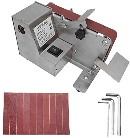 Mini lijadora de banda, afilador de bordes de ápice de cuchillo, máquina de lijado eléctrica, máquina pulidora de molienda, potencia de amoladora de banda con 10 cinturones abrasivos para bricolaje,