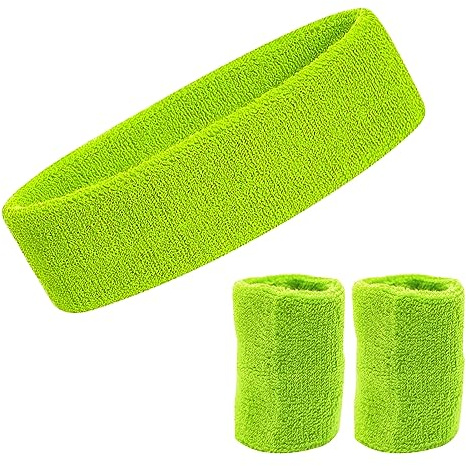 Set di 3 fasce per il sudore, 1 fascia e 2 braccialetti, fascia sportiva verde chiaro e fasce per il sudore da polso, fascia per il sudore in morbido cotone spugna ispessita, fascia elastica per il