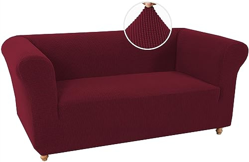 LINGKY Stretch Chesterfield Sofabezug 2 Sitzer Sofahusse mit Armlehne Spandex Jacquard Sofa Überwürfe rutschfest Sofa Überzug Waschbare Sofabezug für Haustiere (Weinrot,2 Sitzer)