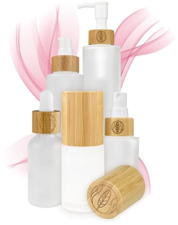 Wachsmann Sprühflasche & Pumpspender zum Befüllen aus Matt-Glas, 30ml, 100ml, 150ml, Pipettenflasche, Creme-spender & Seifenspender, mit Bambus für DIY-Naturkosmetik