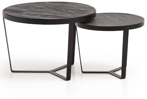Wohnling Couchtisch 2er Set Akazie Massivholz/Steinoptik Wohnzimmertisch Rund, Satztisch mit Metallgestell, Kaffeetisch Modern, Sofatisch Verschachtelungstisch 2-teilig Schwarz/Anthrazit