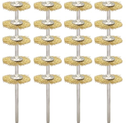 20PCS T-Shaped Brass Wire Brushes - Metal Rust Removal, Cleaning, and Polishing - 22mm Diameter, 1/8″ (3mm) Shaft - Removes Burrs and Oxide Layer - Handles Rough Surfaces - Rotary Tool Accessories
