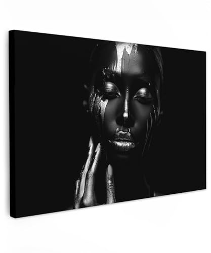 MuchoWow© Wandbilder Groß XXL Schlafzimmer Home Deko Wohnung Bild | 120x80 cm - Wohnzimmer Fotoleinwand Wand Bilder Leinwand Wall Decor Frau - Silber - Malerei - Schwarz und weiß - Porträt