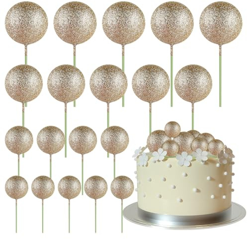 ASTARON 20 Pcs Ball Cake Topper Sticks Champagne Gold Balls Cake Picks for Birthday