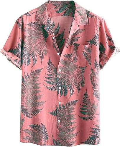Runcati Camicia hawaiana da uomo a maniche corte Funky, camicia estiva casual, da spiaggia, con bottoni, per il tempo libero, hawaiano, per le vacanze, Colore: rosa., XL