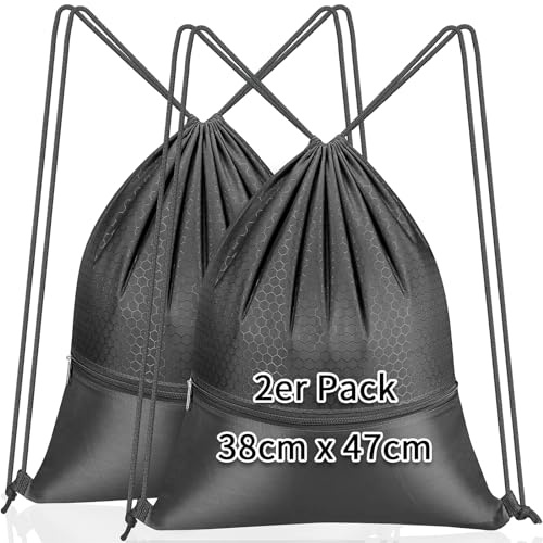 KOOOGEAR 2 Stück Turnbeutel mit Kordelzug und Reißverschluss, 38 x 47 cm, Sportbeutel für Gym Fitness Schulturnhalle Reisen Schwimmen Strandurlaub Damen und Herren